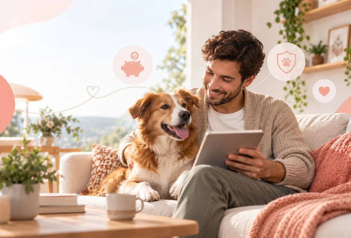 Dog owner using a tablet on a sofa beside a golden-colored dog
